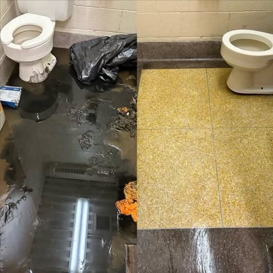 The same restroom: flooded with sewage before, clean and dry after